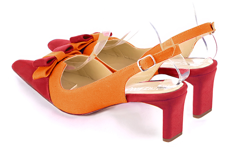 Scarlet red and apricot orange women's open back shoes, with a knot. Tapered toe. Medium comma heels. Rear view - Florence KOOIJMAN